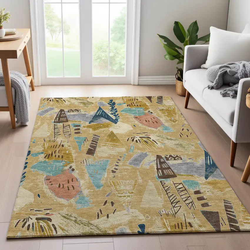 8' Gold Blue And Ivory Geometric Washable Area Rug With UV Protection Photo 5