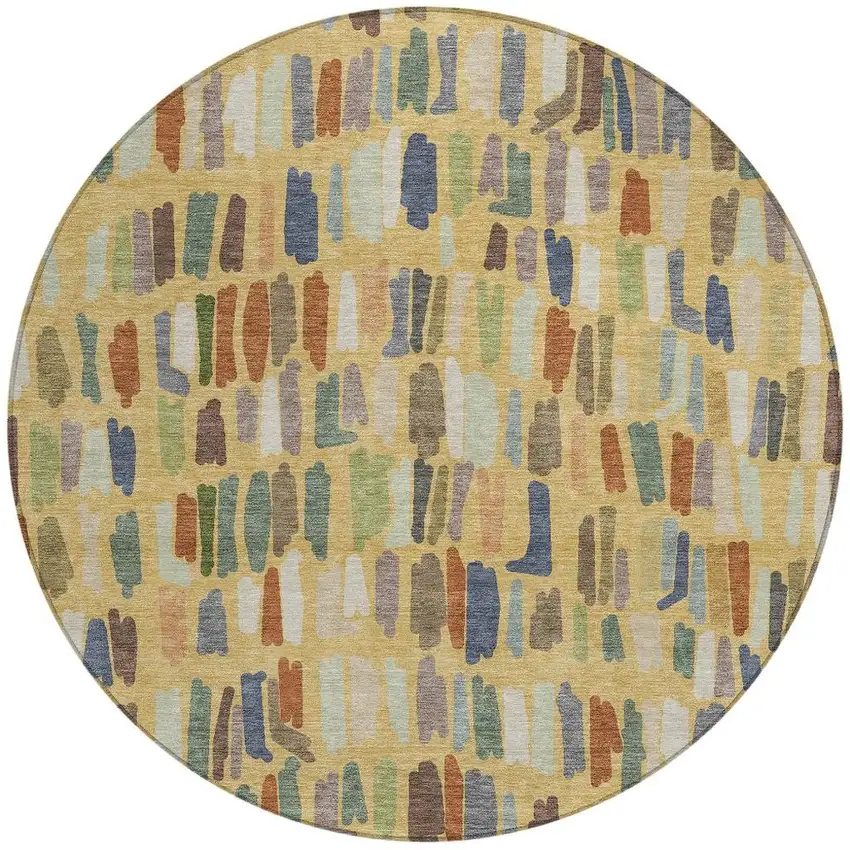 8' Gold Blue And Ivory Round Striped Washable Indoor Outdoor Area Rug Photo 2