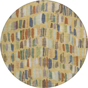 Photo of 8' Gold Blue And Ivory Round Striped Washable Indoor Outdoor Area Rug