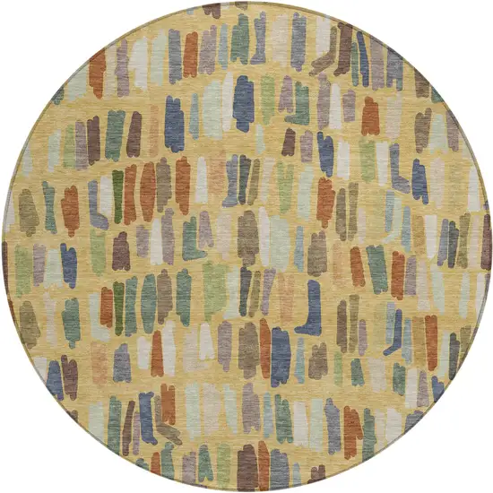 8' Gold Blue And Ivory Round Striped Washable Indoor Outdoor Area Rug Photo 1