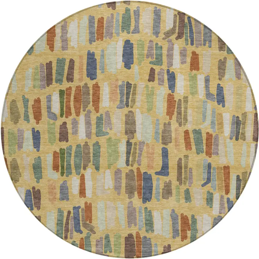 8' Gold Blue And Ivory Round Striped Washable Indoor Outdoor Area Rug Photo 1