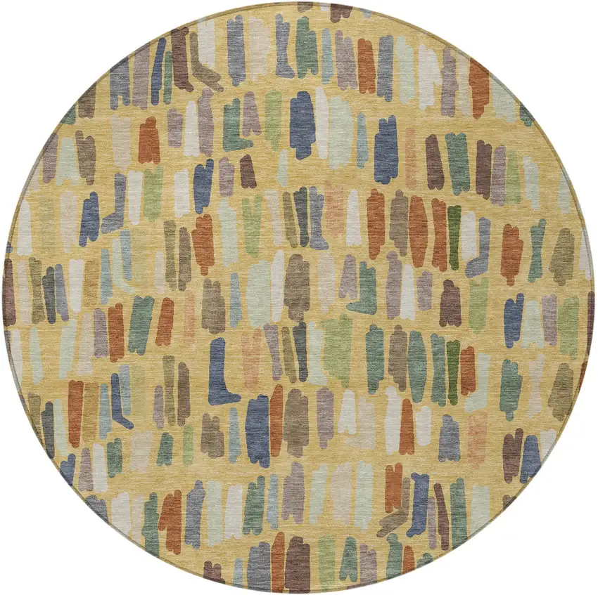 8' Gold Blue And Ivory Round Striped Washable Indoor Outdoor Area Rug Photo 3