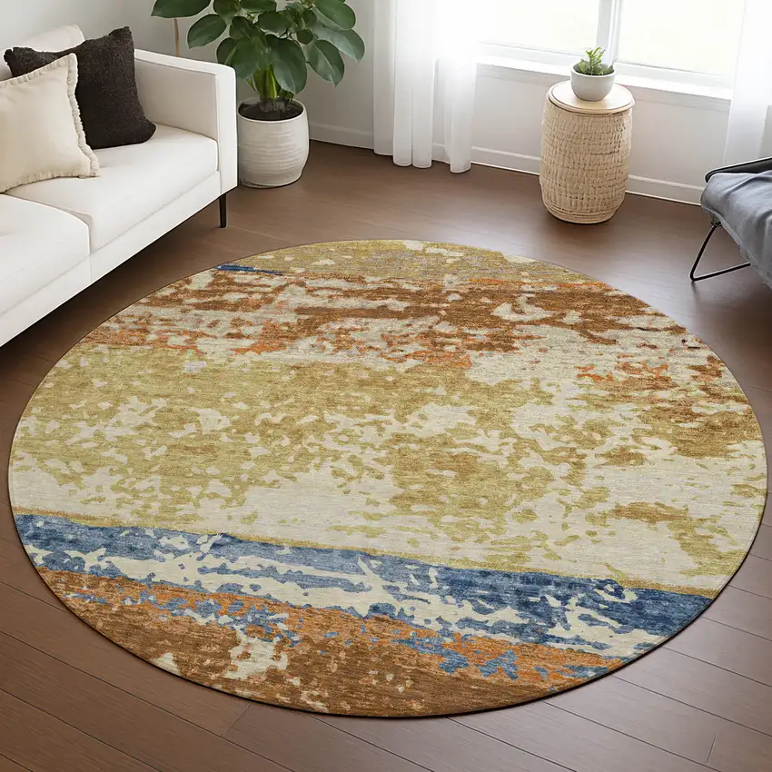 8' Gold Blue And Rust Round Striped Washable Indoor Outdoor Area Rug Photo 5