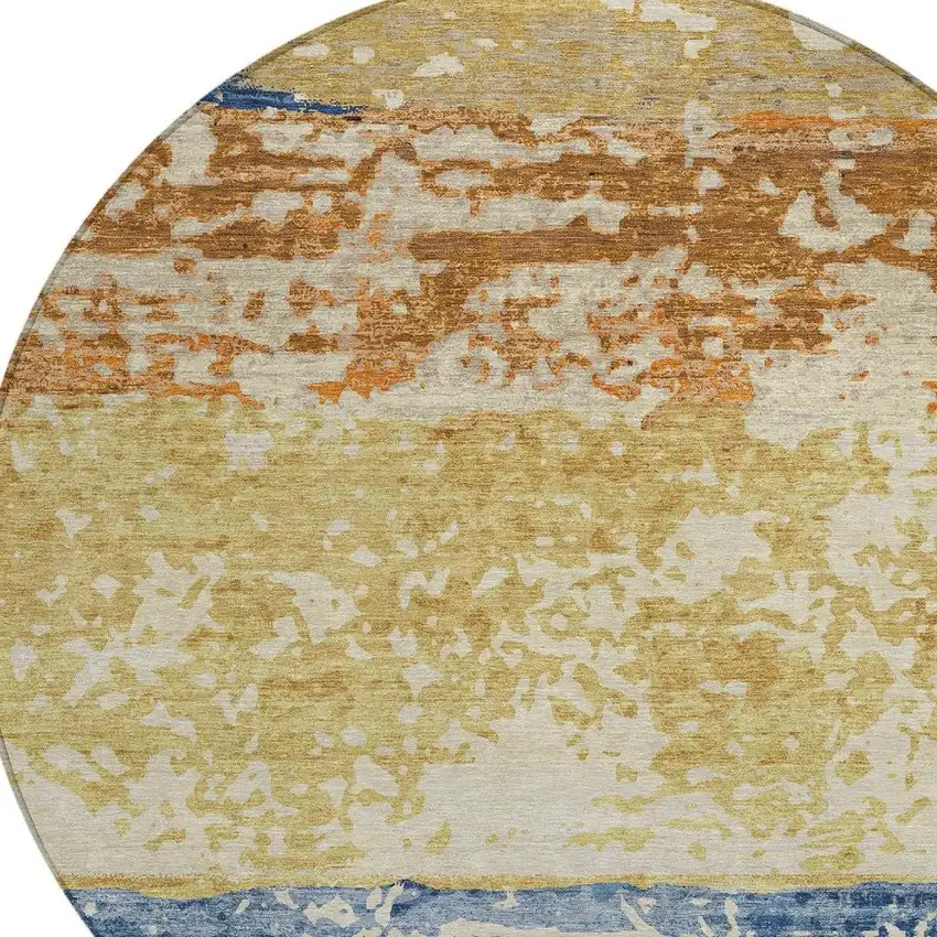 8' Gold Blue And Rust Round Striped Washable Indoor Outdoor Area Rug Photo 2