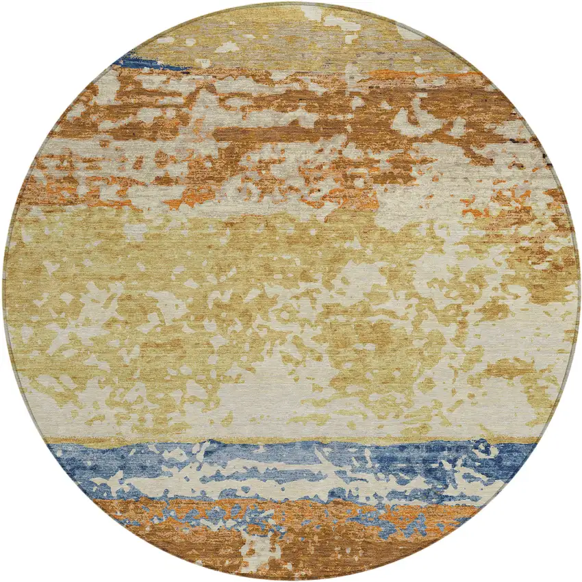 8' Gold Blue And Rust Round Striped Washable Indoor Outdoor Area Rug Photo 1