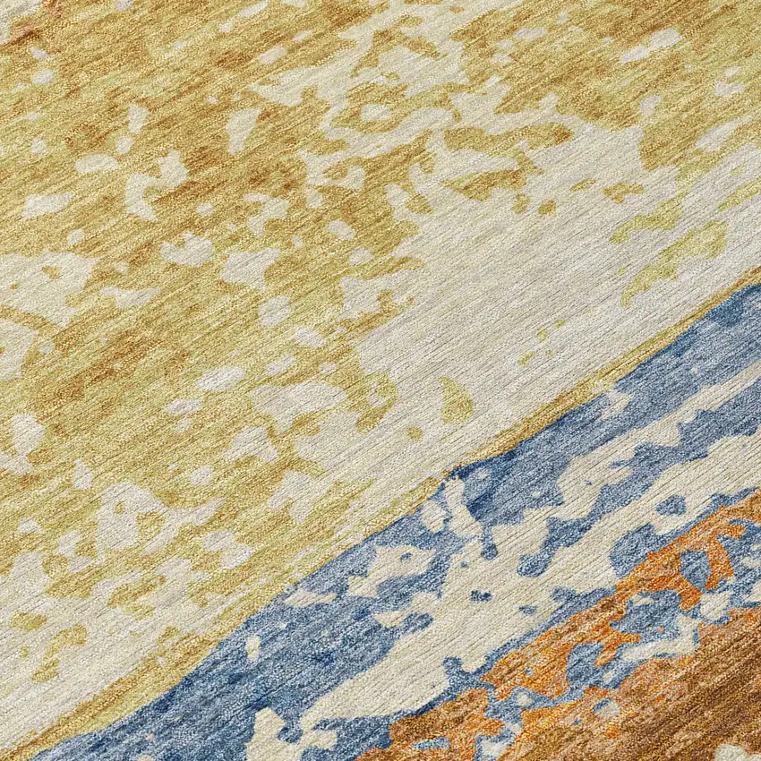 8' Gold Blue And Rust Round Striped Washable Indoor Outdoor Area Rug Photo 9