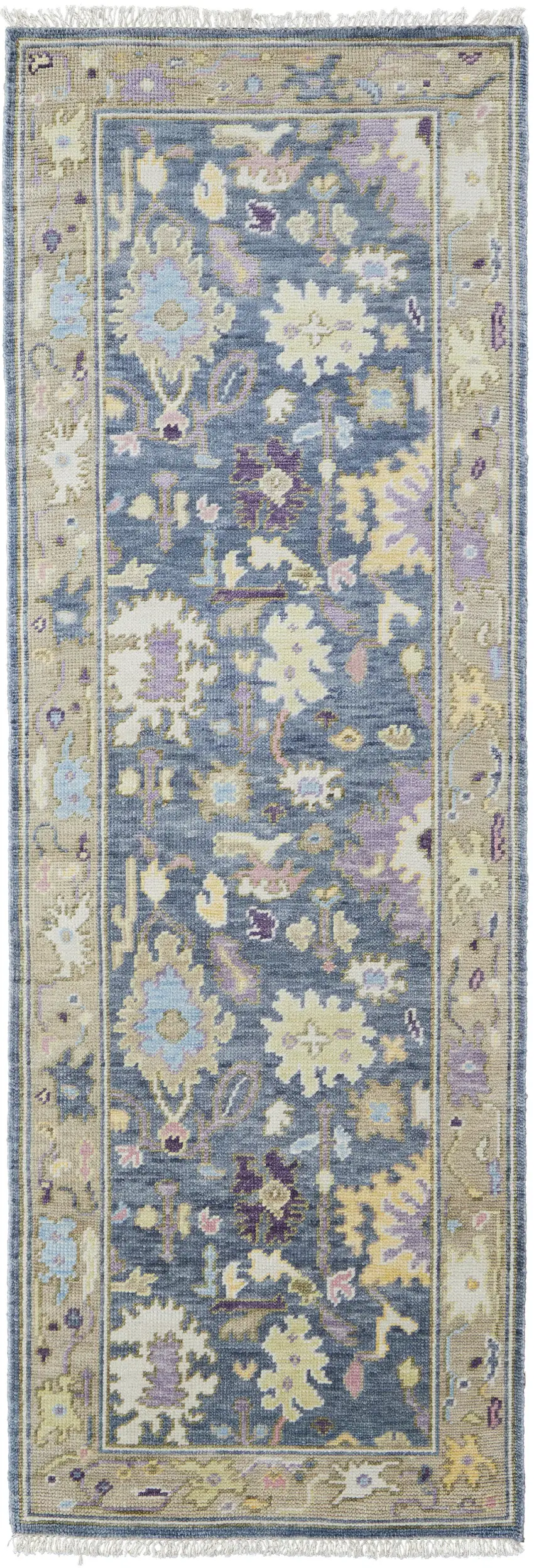 8' Gold Blue and Purple Wool Oriental Hand Knotted Runner Rug With Fringe Photo 2