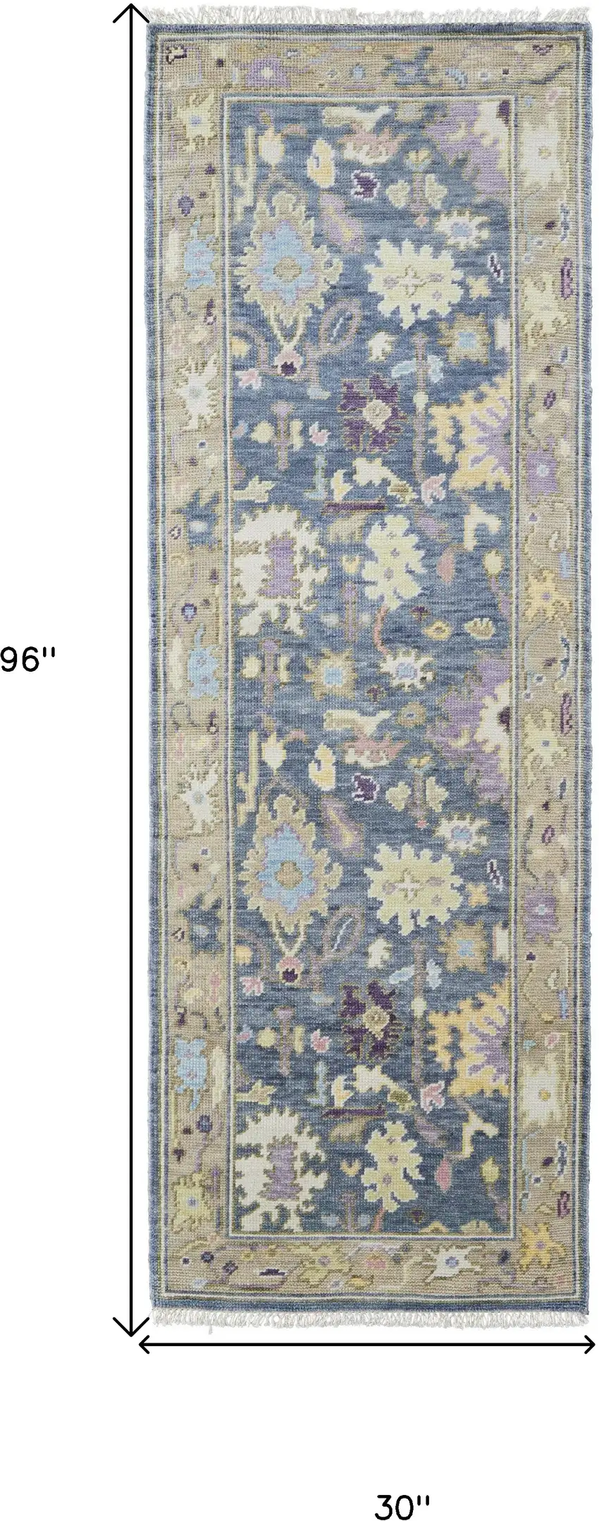 8' Gold Blue and Purple Wool Oriental Hand Knotted Runner Rug With Fringe Photo 3