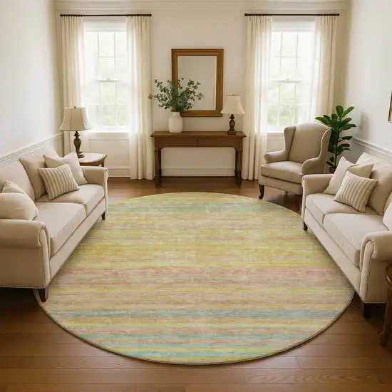 8' Gold Blush And Teal Striped Washable Round Rug With UV Protection Photo 4