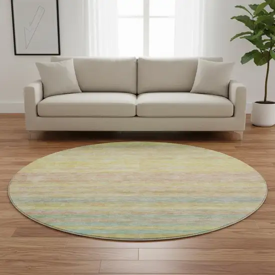 8' Gold Blush And Teal Striped Washable Round Rug With UV Protection Photo 2