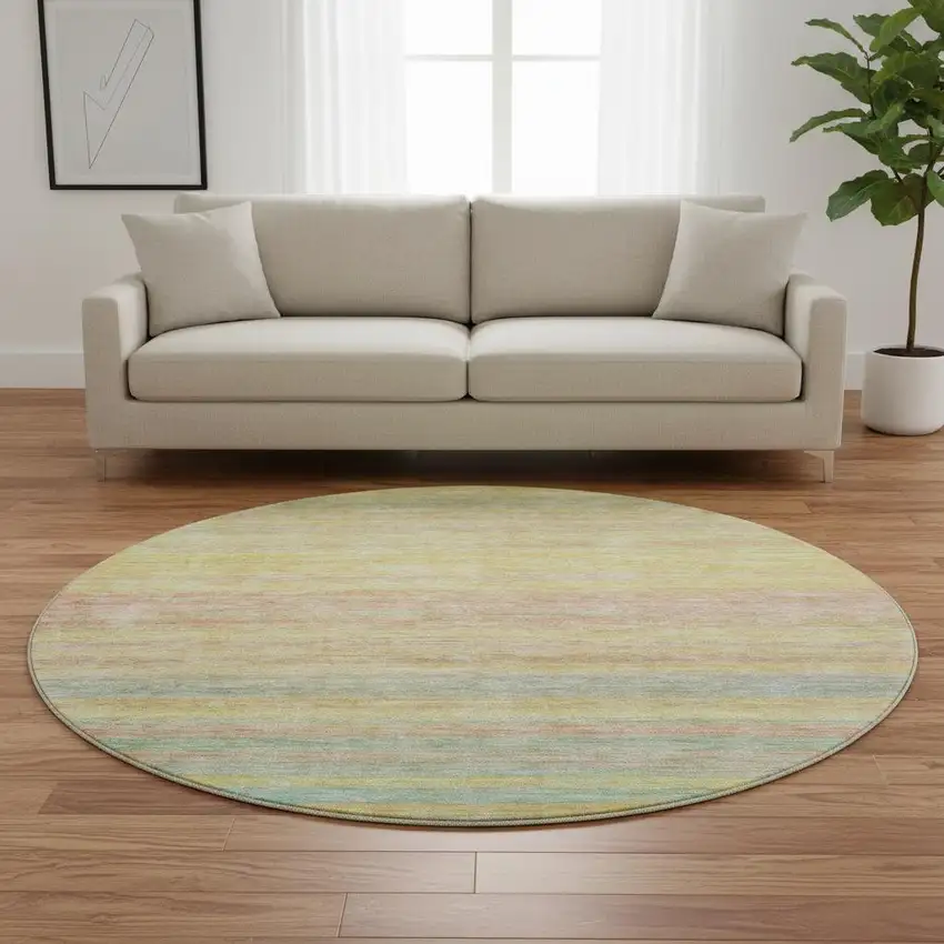 8' Gold Blush And Teal Striped Washable Round Rug With UV Protection Photo 2