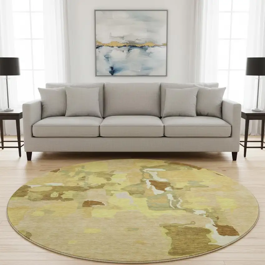 8' Gold Brown And Beige Abstract Washable Round Rug With UV Protection Photo 2