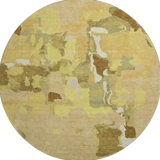 8' Gold Brown And Beige Abstract Washable Round Rug With UV Protection Photo 3