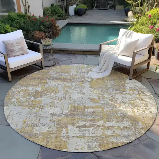 8' Gold Brown And Beige Round Abstract Washable Indoor Outdoor Area Rug Photo 7