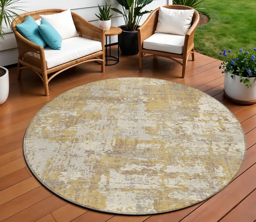 8' Gold Brown And Beige Round Abstract Washable Indoor Outdoor Area Rug Photo 1