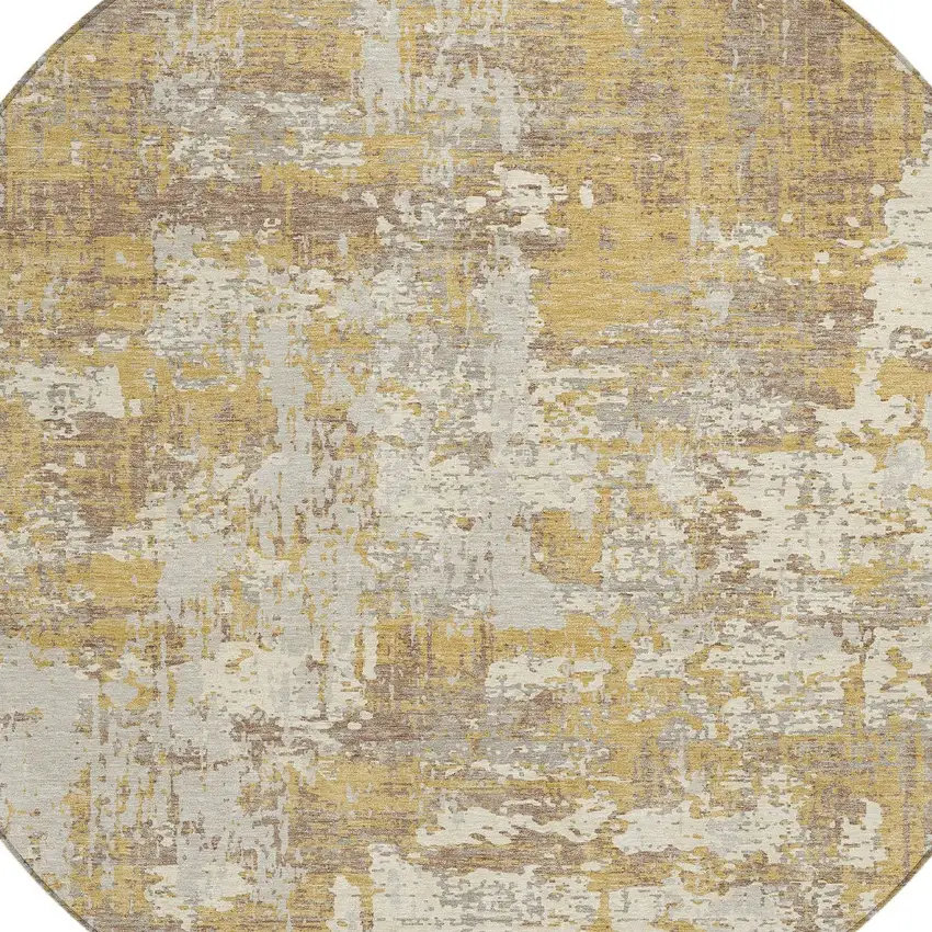 8' Gold Brown And Beige Round Abstract Washable Indoor Outdoor Area Rug Photo 5