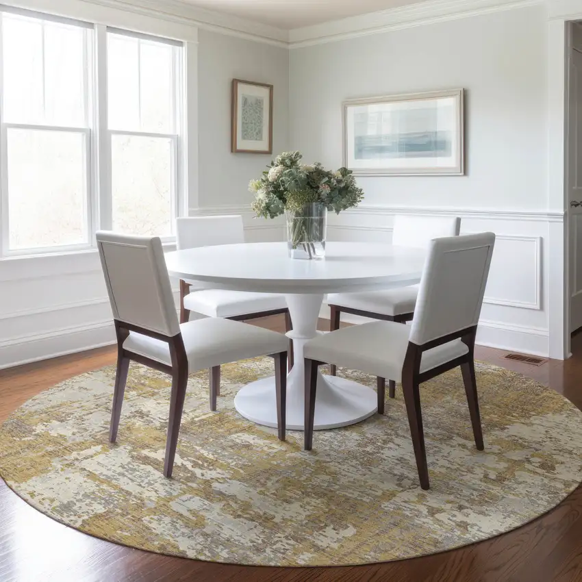 8' Gold Brown And Beige Round Abstract Washable Indoor Outdoor Area Rug Photo 8