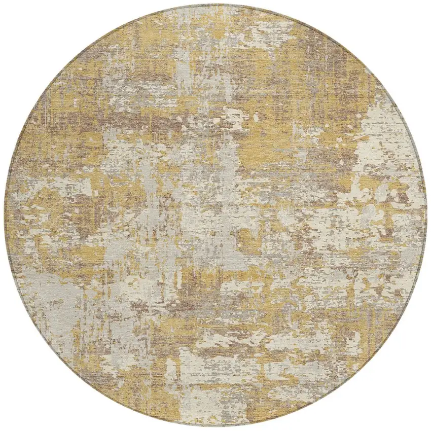 8' Gold Brown And Beige Round Abstract Washable Indoor Outdoor Area Rug Photo 6