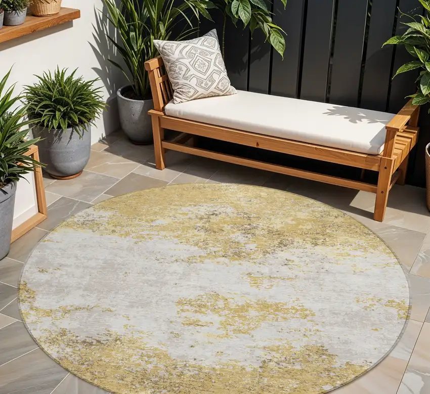 8' Gold Brown And Beige Round Abstract Washable Indoor Outdoor Area Rug Photo 1