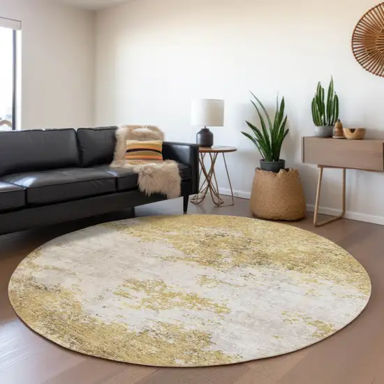 8' Gold Brown And Beige Round Abstract Washable Indoor Outdoor Area Rug Photo 6