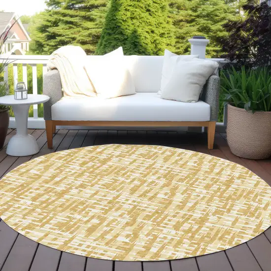 8' Gold Brown And Beige Round Abstract Washable Indoor Outdoor Area Rug Photo 7