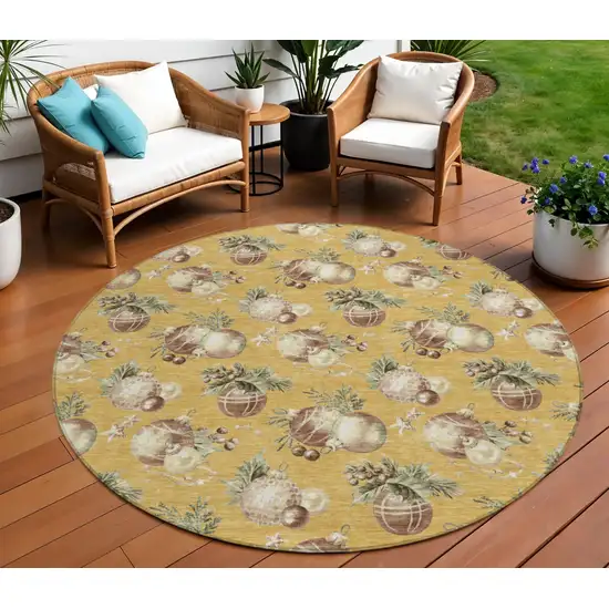 8' Gold Brown And Beige Round Botanical Leaves Washable Indoor Outdoor Area Rug Photo 2
