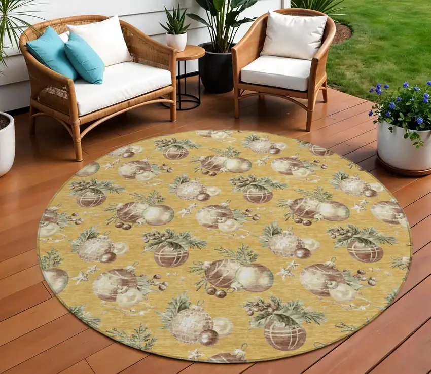8' Gold Brown And Beige Round Botanical Leaves Washable Indoor Outdoor Area Rug Photo 2