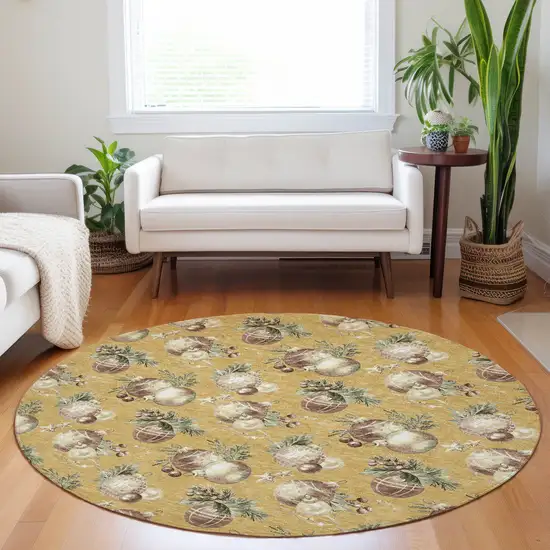 8' Gold Brown And Beige Round Botanical Leaves Washable Indoor Outdoor Area Rug Photo 6