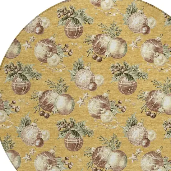 8' Gold Brown And Beige Round Botanical Leaves Washable Indoor Outdoor Area Rug Photo 4