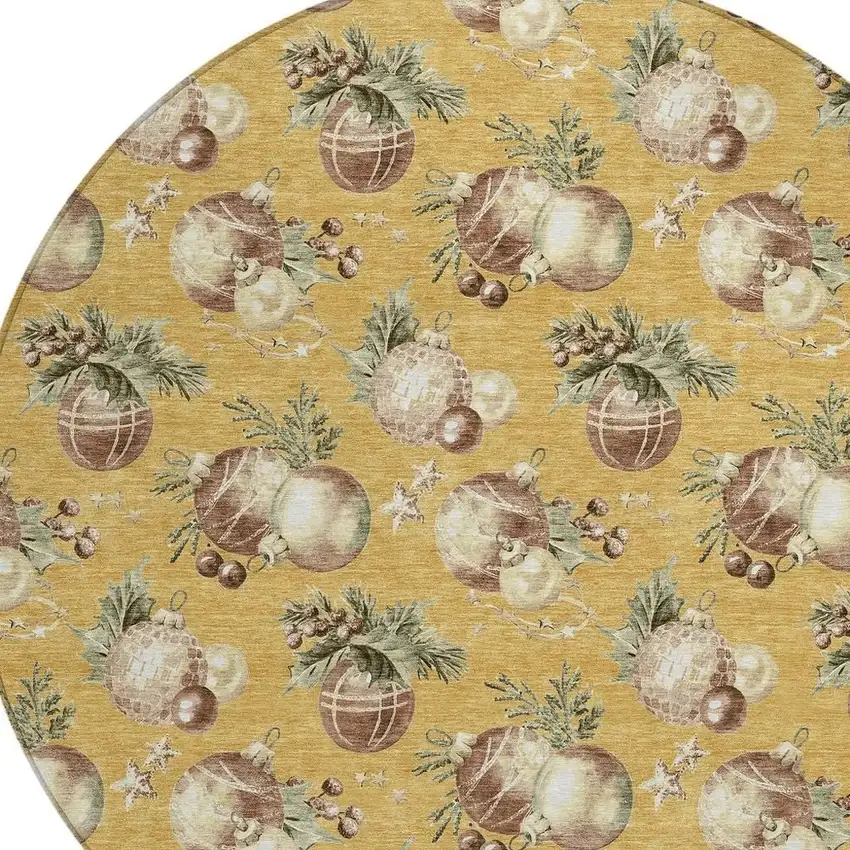 8' Gold Brown And Beige Round Botanical Leaves Washable Indoor Outdoor Area Rug Photo 4