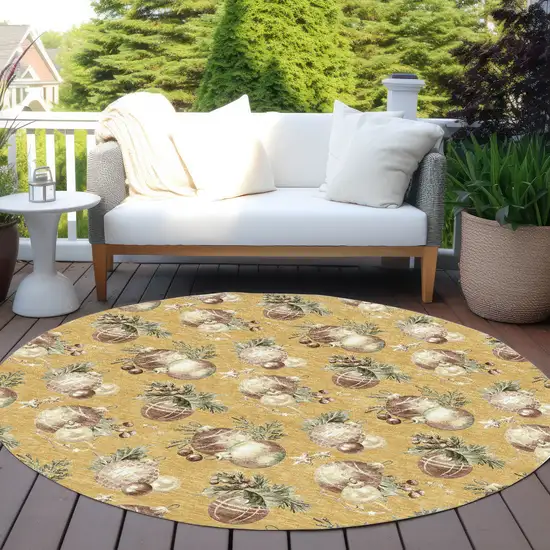 8' Gold Brown And Beige Round Botanical Leaves Washable Indoor Outdoor Area Rug Photo 5