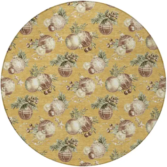 8' Gold Brown And Beige Round Botanical Leaves Washable Indoor Outdoor Area Rug Photo 3