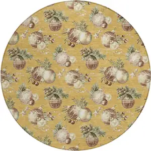 Photo of 8' Gold Brown And Beige Round Botanical Leaves Washable Indoor Outdoor Area Rug