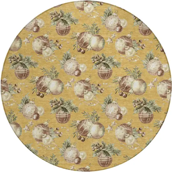8' Gold Brown And Beige Round Botanical Leaves Washable Indoor Outdoor Area Rug Photo 1
