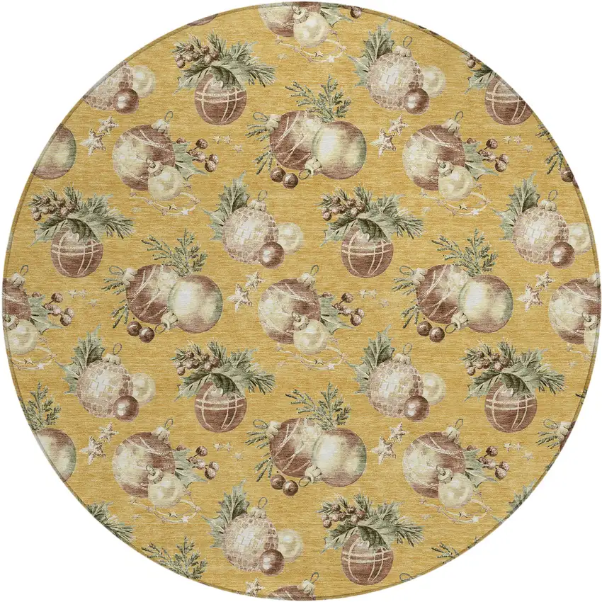 8' Gold Brown And Beige Round Botanical Leaves Washable Indoor Outdoor Area Rug Photo 1