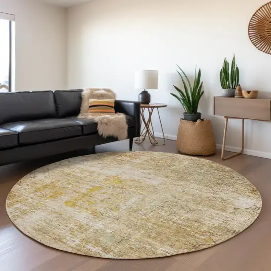 8' Gold Brown And Beige Round Geometric Washable Indoor Outdoor Area Rug Photo 7