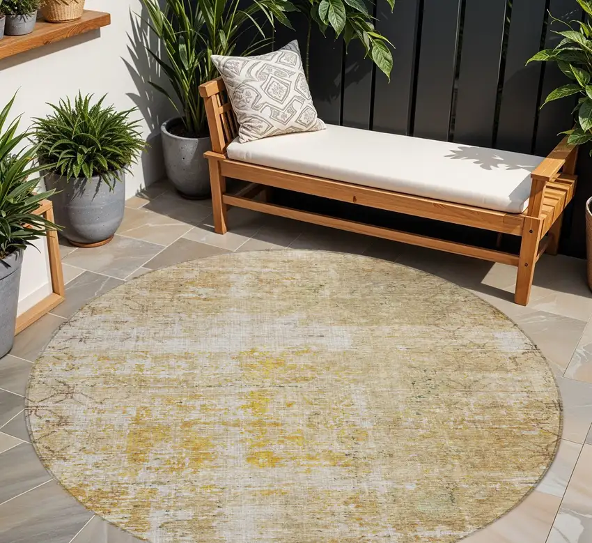 8' Gold Brown And Beige Round Geometric Washable Indoor Outdoor Area Rug Photo 1
