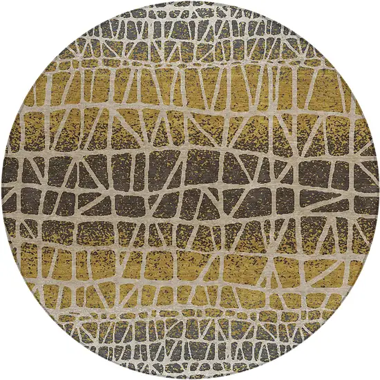 8' Gold Brown And Beige Round Geometric Washable Indoor Outdoor Area Rug Photo 1