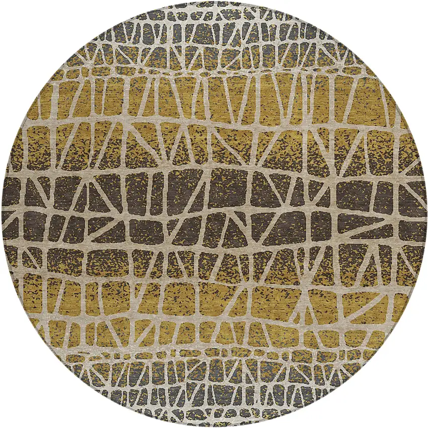 8' Gold Brown And Beige Round Geometric Washable Indoor Outdoor Area Rug Photo 1