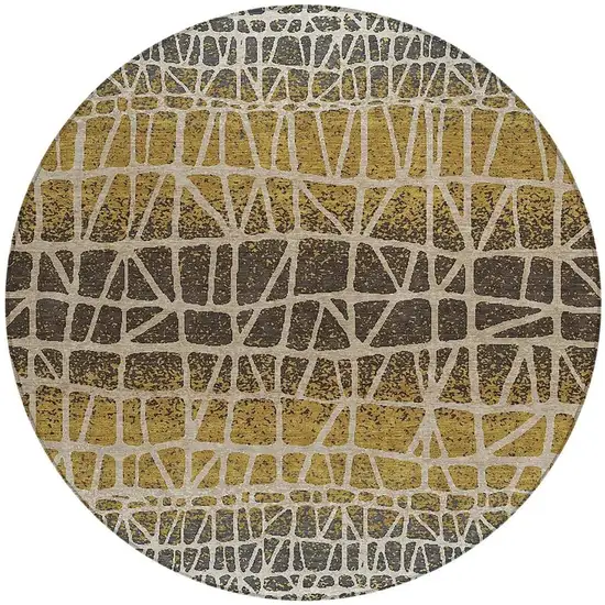 8' Gold Brown And Beige Round Geometric Washable Indoor Outdoor Area Rug Photo 3