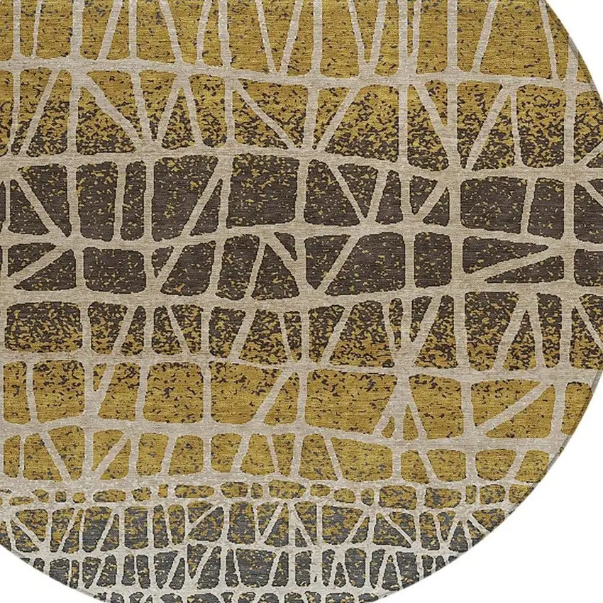 8' Gold Brown And Beige Round Geometric Washable Indoor Outdoor Area Rug Photo 2