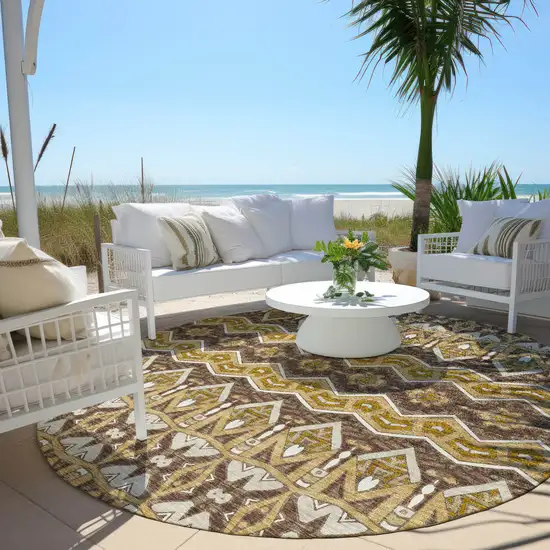 8' Gold Brown And Beige Round Moroccan Washable Indoor Outdoor Area Rug Photo 7