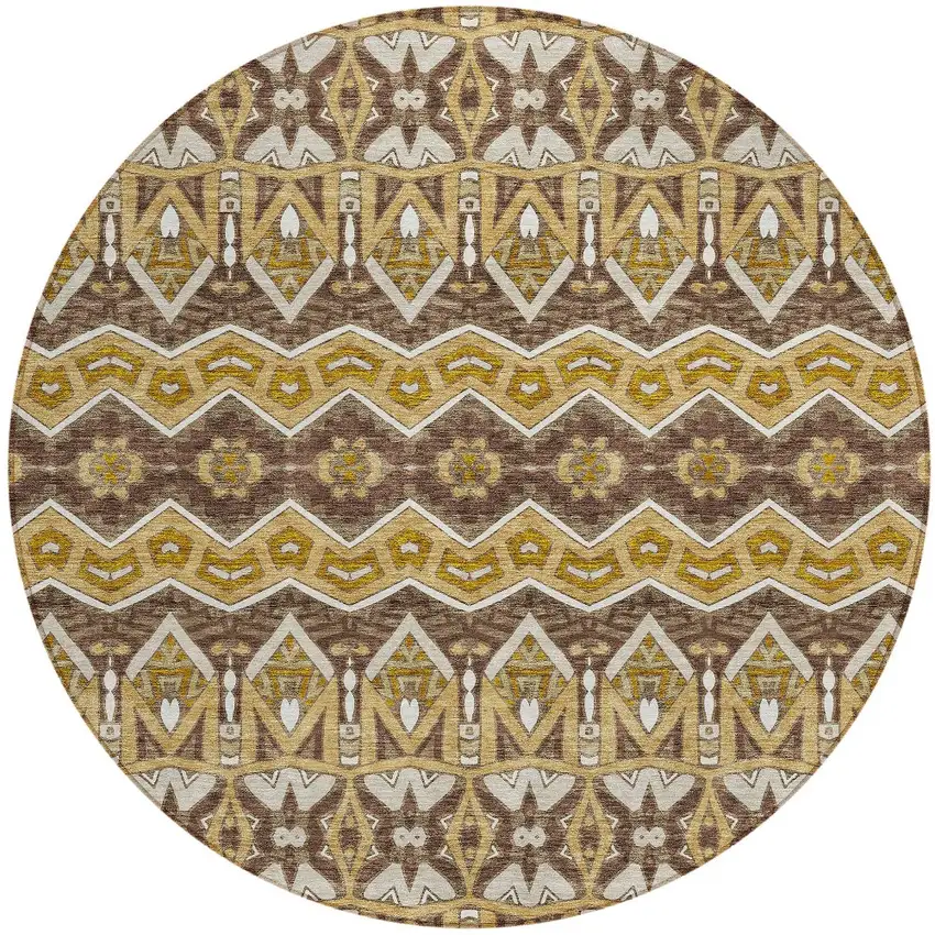 8' Gold Brown And Beige Round Moroccan Washable Indoor Outdoor Area Rug Photo 5