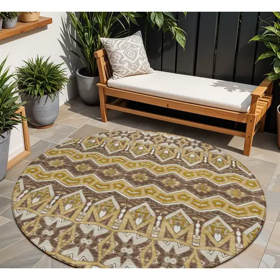 8' Gold Brown And Beige Round Moroccan Washable Indoor Outdoor Area Rug Photo 1