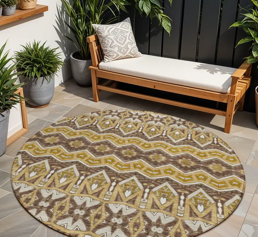 8' Gold Brown And Beige Round Moroccan Washable Indoor Outdoor Area Rug Photo 1