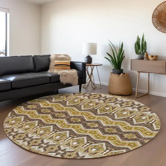 8' Gold Brown And Beige Round Moroccan Washable Indoor Outdoor Area Rug Photo 8