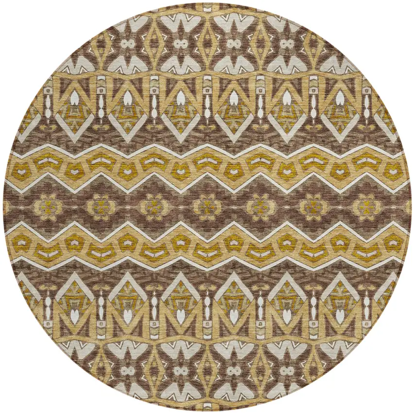 8' Gold Brown And Beige Round Moroccan Washable Indoor Outdoor Area Rug Photo 2