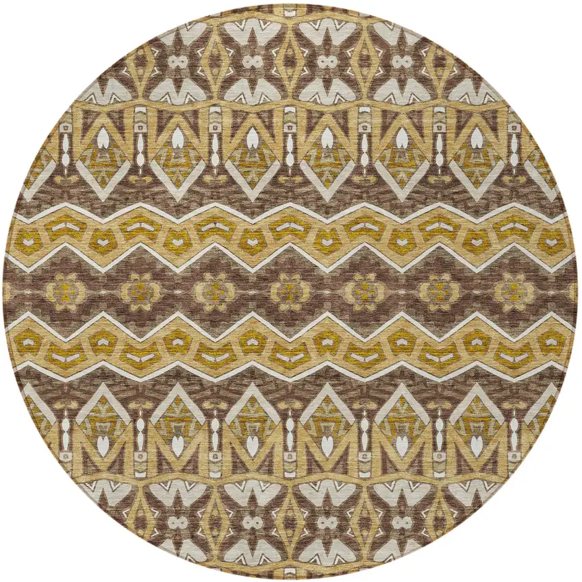 8' Gold Brown And Beige Round Moroccan Washable Indoor Outdoor Area Rug Photo 6