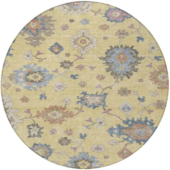 8' Gold Brown And Blue Round Floral Washable Indoor Outdoor Area Rug Photo 5