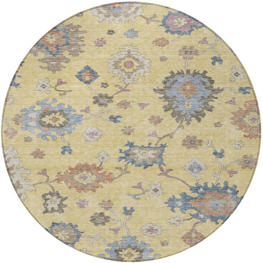 8' Gold Brown And Blue Round Floral Washable Indoor Outdoor Area Rug Photo 5